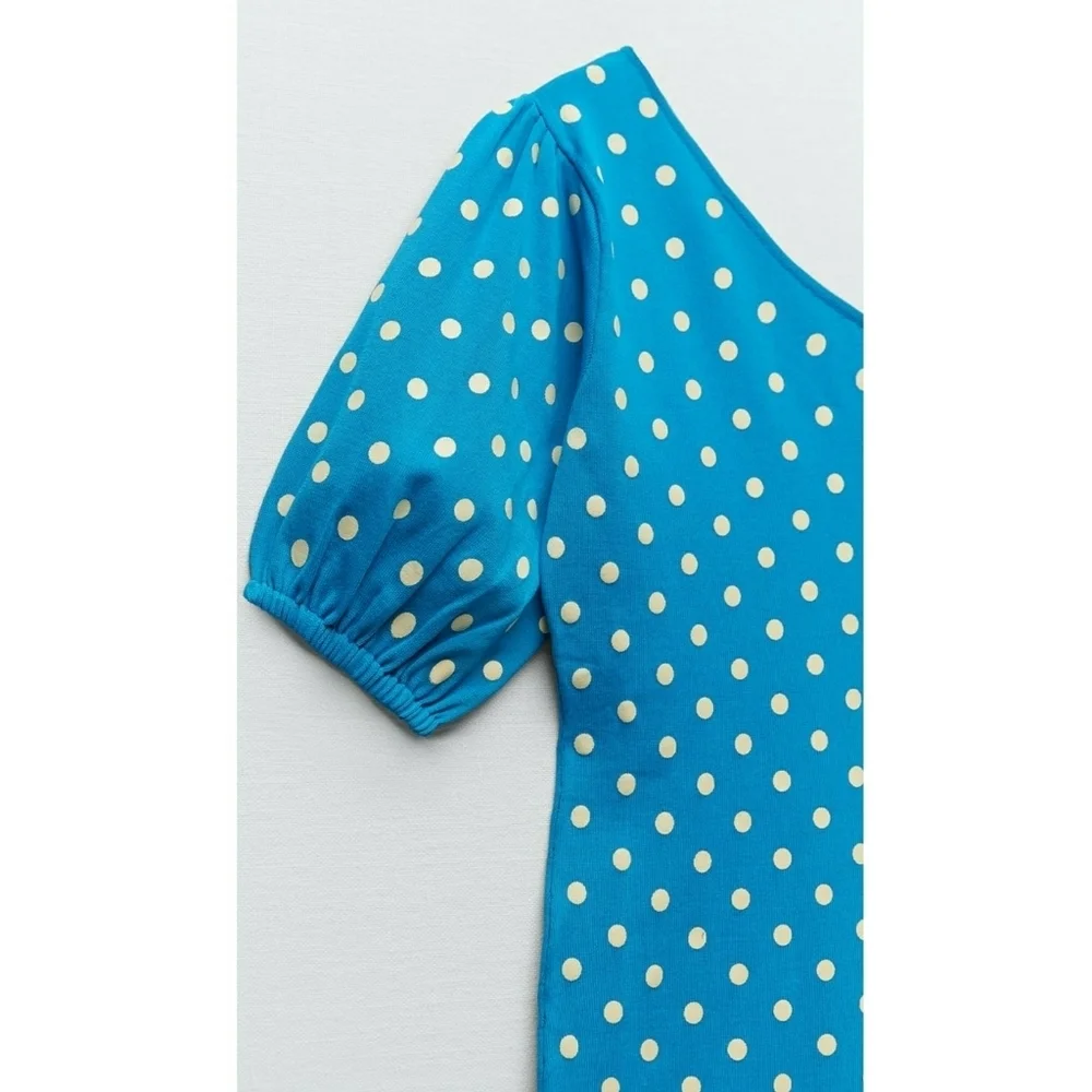ZARA // turquoise polka dot one puff shoulder soft & stretchy knit mini dress - Picture 14 of 16